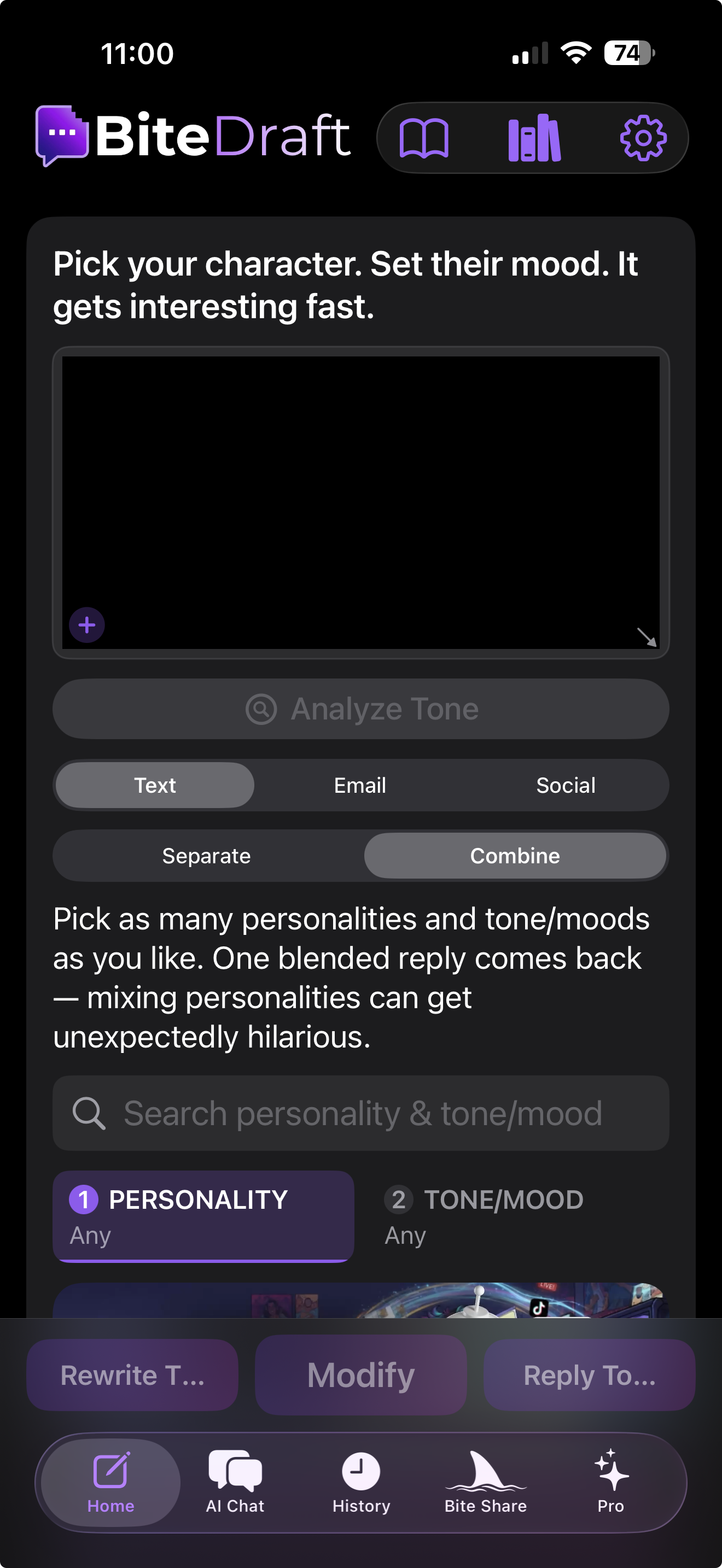 BiteDraft in the Midnight theme