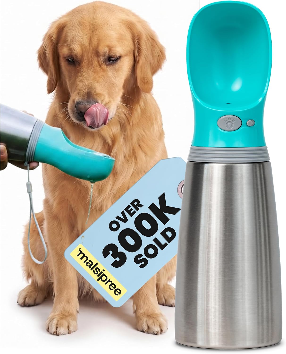 MalsiPree Insulated Dog Water Bottle - 24 oz Blue, Stainless Steel
